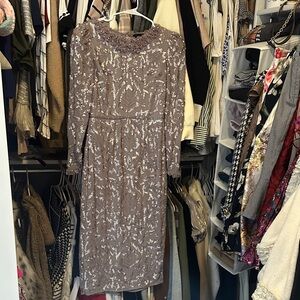 Mac Duggal Long Sleeve Sequin Dress in Taupe